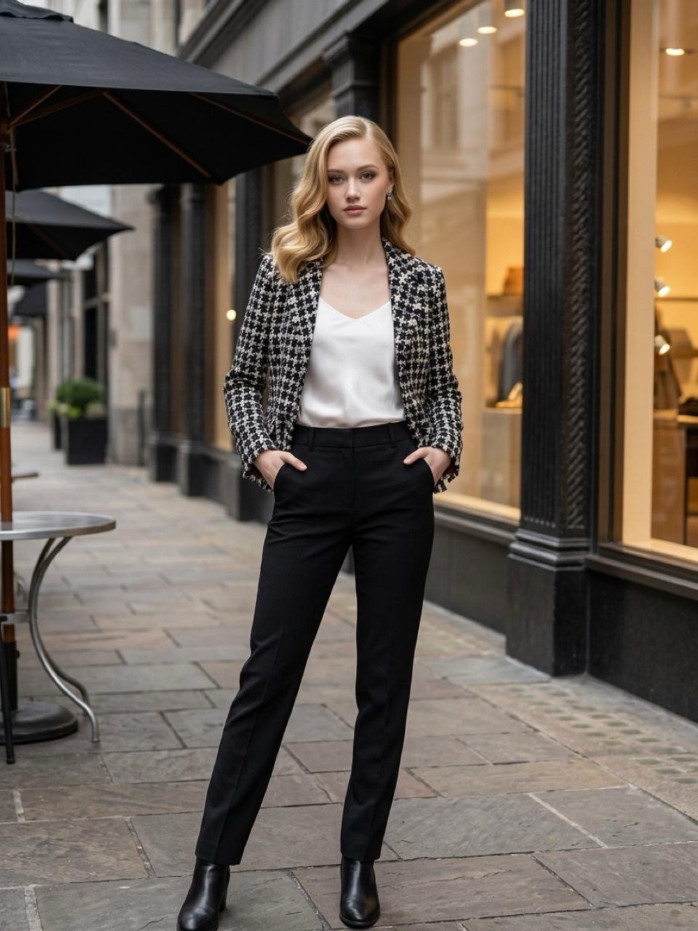 Nine West Black And White Tweed Houndstooth Tailored Blazer Sz 8
